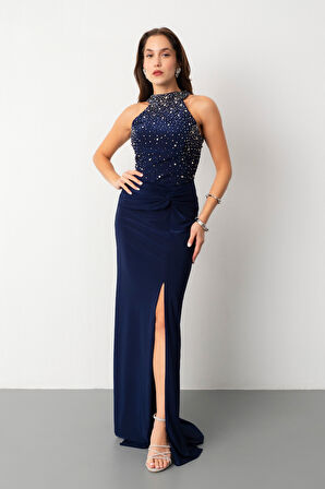 Kadın Lacivert Halter Yaka Taşlı Uzun Abiye Elbise