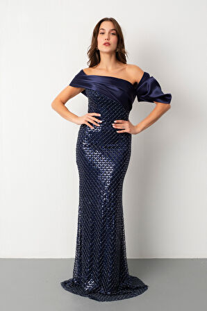Kadın Lacivert Yaka Detay Boncuklu Uzun Abiye Elbise