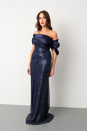 Kadın Lacivert Yaka Detay Boncuklu Uzun Abiye Elbise