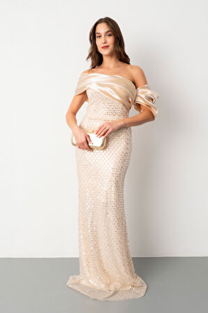 Kadın Bej Yaka Detay Boncuklu Uzun Abiye Elbise