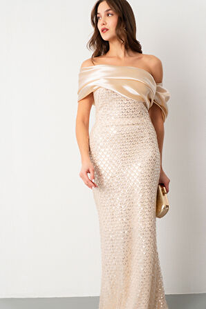 Kadın Bej Yaka Detay Boncuklu Uzun Abiye Elbise