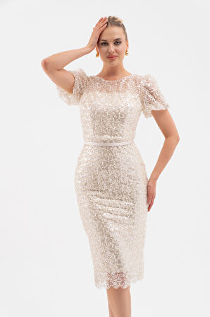 Kadın Krem Boncuklu Midi Abiye Elbise