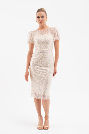 Kadın Krem Boncuklu Midi Abiye Elbise