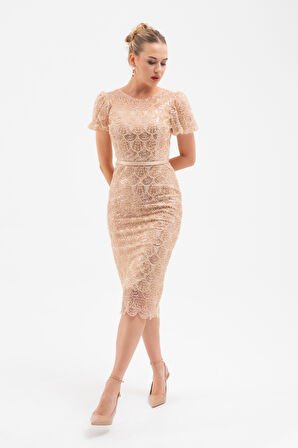 Kadın Bej Boncuklu Midi Abiye Elbise