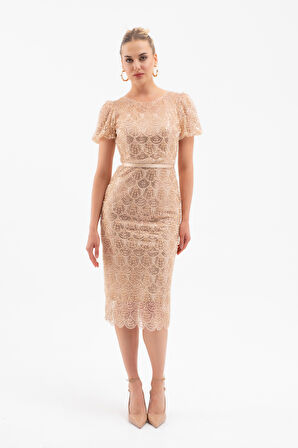 Kadın Bej Boncuklu Midi Abiye Elbise