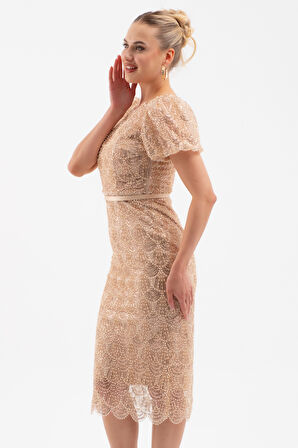 Kadın Bej Boncuklu Midi Abiye Elbise