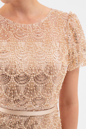 Kadın Bej Boncuklu Midi Abiye Elbise