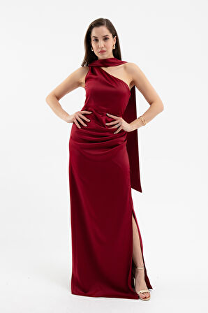 Kadın Bordo Fular Yaka Yırtmaçlı Uzun Saten Abiye Elbise