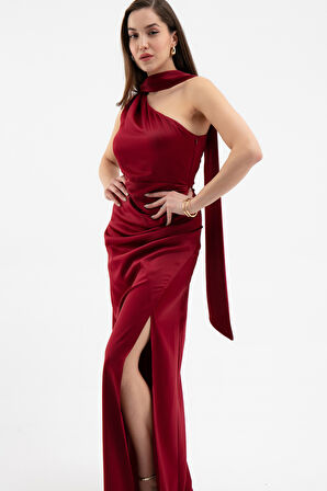 Kadın Bordo Fular Yaka Yırtmaçlı Uzun Saten Abiye Elbise