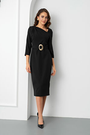 Kadın Siyah Kemer Detay Midi Davet Elbisesi