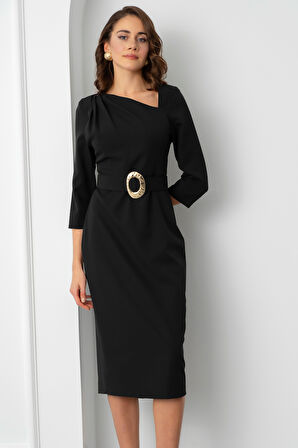 Kadın Siyah Kemer Detay Midi Davet Elbisesi