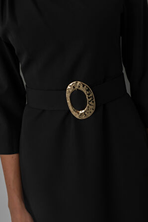 Kadın Siyah Kemer Detay Midi Davet Elbisesi