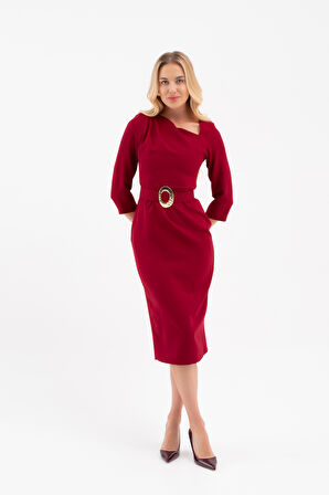 Kadın Bordo Kemer Detay Midi Davet Elbisesi