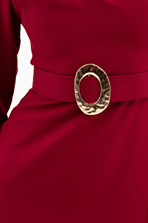 Kadın Bordo Kemer Detay Midi Davet Elbisesi