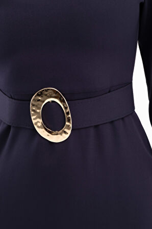 Kadın Lacivert Kemer Detay Midi Davet Elbisesi