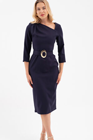 Kadın Lacivert Kemer Detay Midi Davet Elbisesi