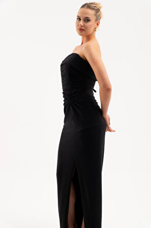 Kadın Siyah Straplez Yaka Düğüm Detay Uzun Abiye Elbise