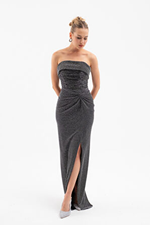 Kadın Gri Straplez Yaka Düğüm Detay Uzun Abiye Elbise