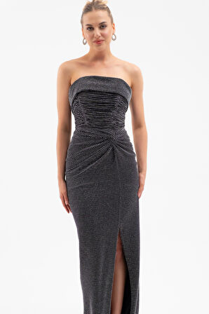 Kadın Gri Straplez Yaka Düğüm Detay Uzun Abiye Elbise