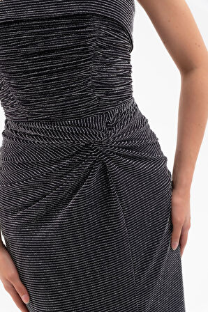 Kadın Gri Straplez Yaka Düğüm Detay Uzun Abiye Elbise