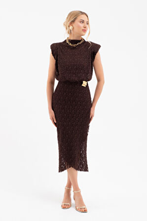 Kadın Kahverengi Gold Broşlu Dantel Elbise