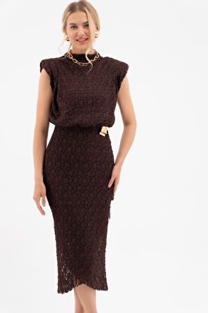 Kadın Kahverengi Gold Broşlu Dantel Elbise