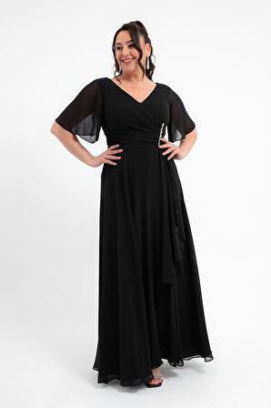 Kadın Siyah V Yaka Taşlı Büyük Beden Uzun Şifon Abiye Elbise