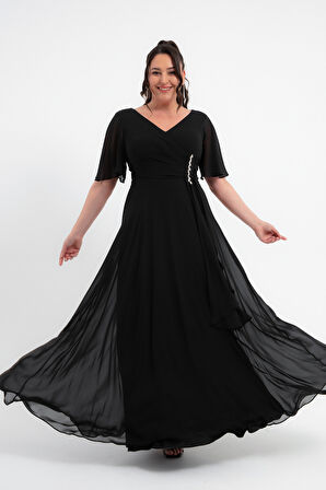 Kadın Siyah V Yaka Taşlı Büyük Beden Uzun Şifon Abiye Elbise
