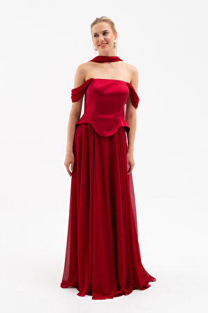 Kadın Bordo Şal Yaka Straplez Söz Nişan Abiye Elbise