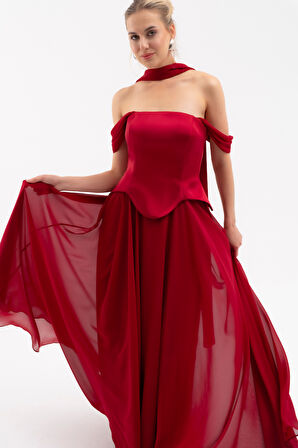 Kadın Bordo Şal Yaka Straplez Söz Nişan Abiye Elbise