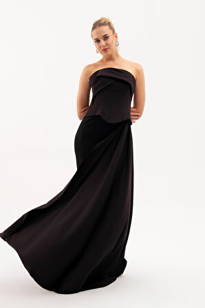 Kadın Siyah Straplez Yaka Dantel Detay Uzun Abiye Elbise