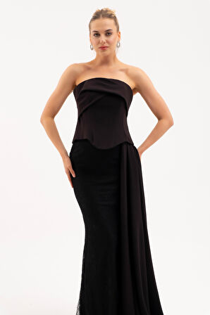 Kadın Siyah Straplez Yaka Dantel Detay Uzun Abiye Elbise