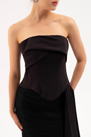 Kadın Siyah Straplez Yaka Dantel Detay Uzun Abiye Elbise