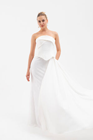 Kadın Beyaz Straplez Yaka Dantel Detay Uzun Abiye Elbise