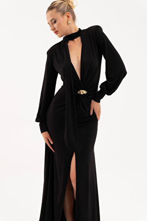 Kadın Siyah Şal Yaka Ön Düğüm Tokalı Uzun Elbise