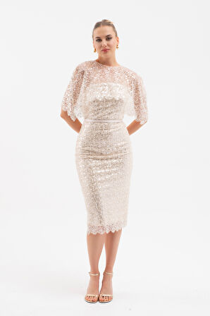 Kadın Bej Bolero Detay Boncuklu Midi Söz Nişan Abiye Elbise