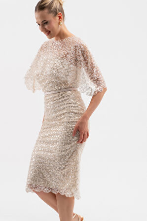 Kadın Bej Bolero Detay Boncuklu Midi Söz Nişan Abiye Elbise