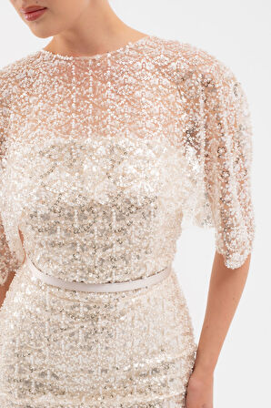 Kadın Bej Bolero Detay Boncuklu Midi Söz Nişan Abiye Elbise