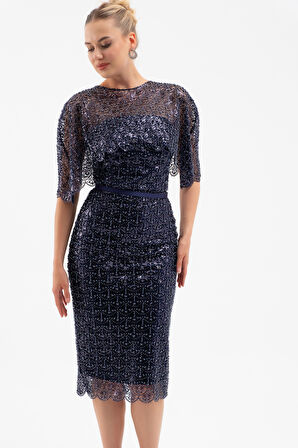 Kadın Lacivert Bolero Detay Boncuklu Midi Söz Nişan Abiye Elbise