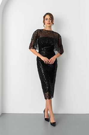 Kadın Siyah Bolero Detay Boncuklu Midi Söz Nişan Abiye Elbise