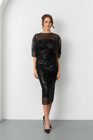 Kadın Siyah Bolero Detay Boncuklu Midi Söz Nişan Abiye Elbise