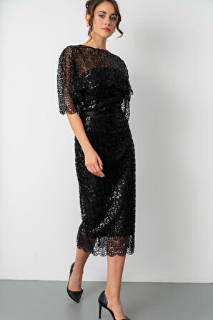 Kadın Siyah Bolero Detay Boncuklu Midi Söz Nişan Abiye Elbise