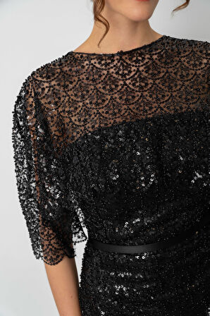 Kadın Siyah Bolero Detay Boncuklu Midi Söz Nişan Abiye Elbise