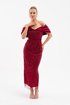 Kadın Bordo Kayık Yaka Midi Boncuklu Abiye Elbise