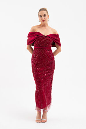 Kadın Bordo Kayık Yaka Midi Boncuklu Abiye Elbise