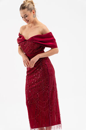 Kadın Bordo Kayık Yaka Midi Boncuklu Abiye Elbise