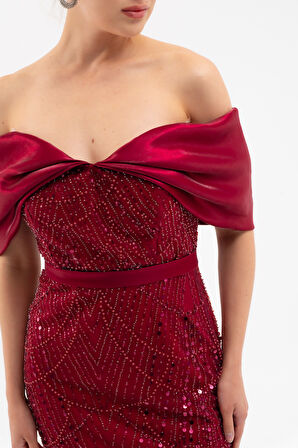 Kadın Bordo Kayık Yaka Midi Boncuklu Abiye Elbise