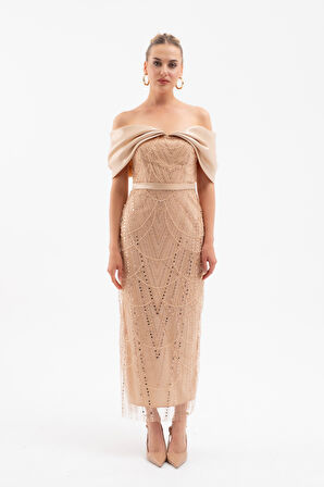 Kadın Bej Kayık Yaka Midi Boncuklu Abiye Elbise