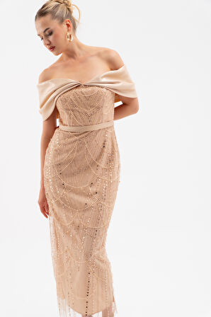 Kadın Bej Kayık Yaka Midi Boncuklu Abiye Elbise