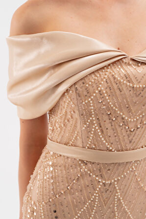 Kadın Bej Kayık Yaka Midi Boncuklu Abiye Elbise